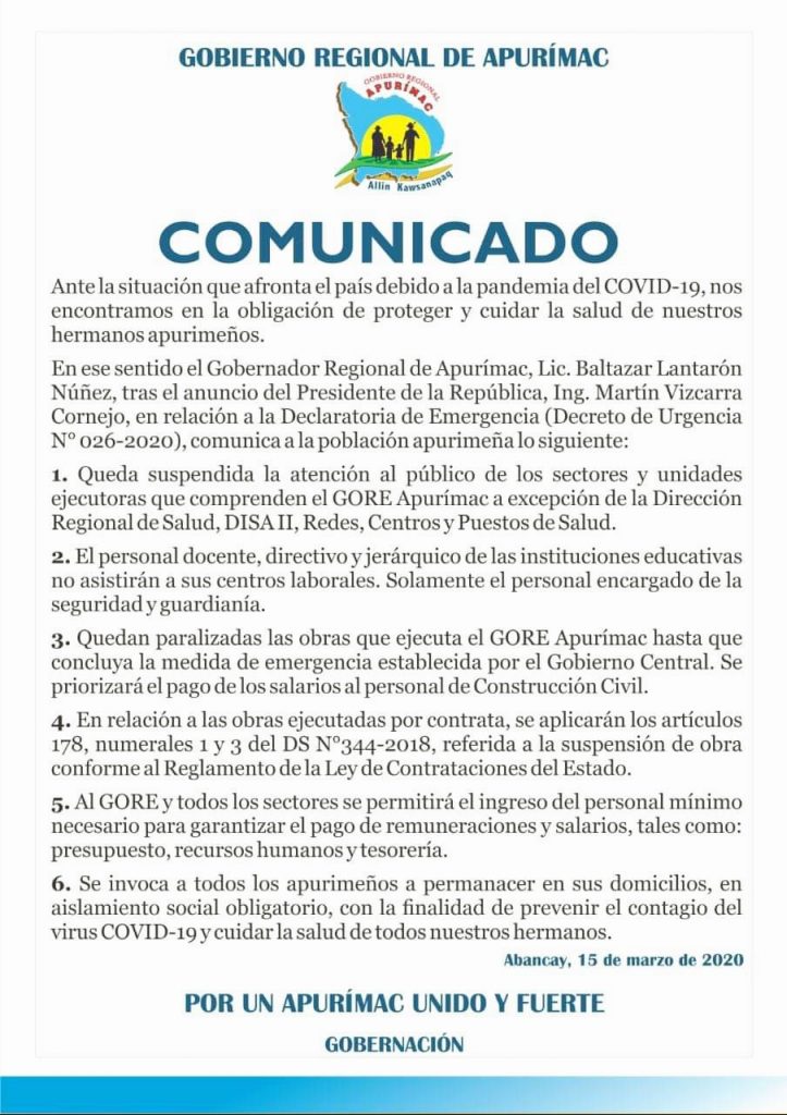 Comunicado Gobierno Regional Apurímac